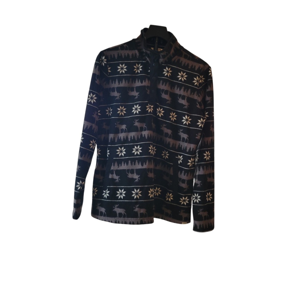 Duluth Trading Womens Fleece Medium Snap Neck Pullover Moose Fair Isle Black - Picture 2 of 15